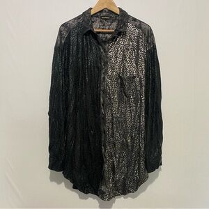 Alembika Metallic-look Leopard Print Button Down Shirt Blouse Black XL Elegant